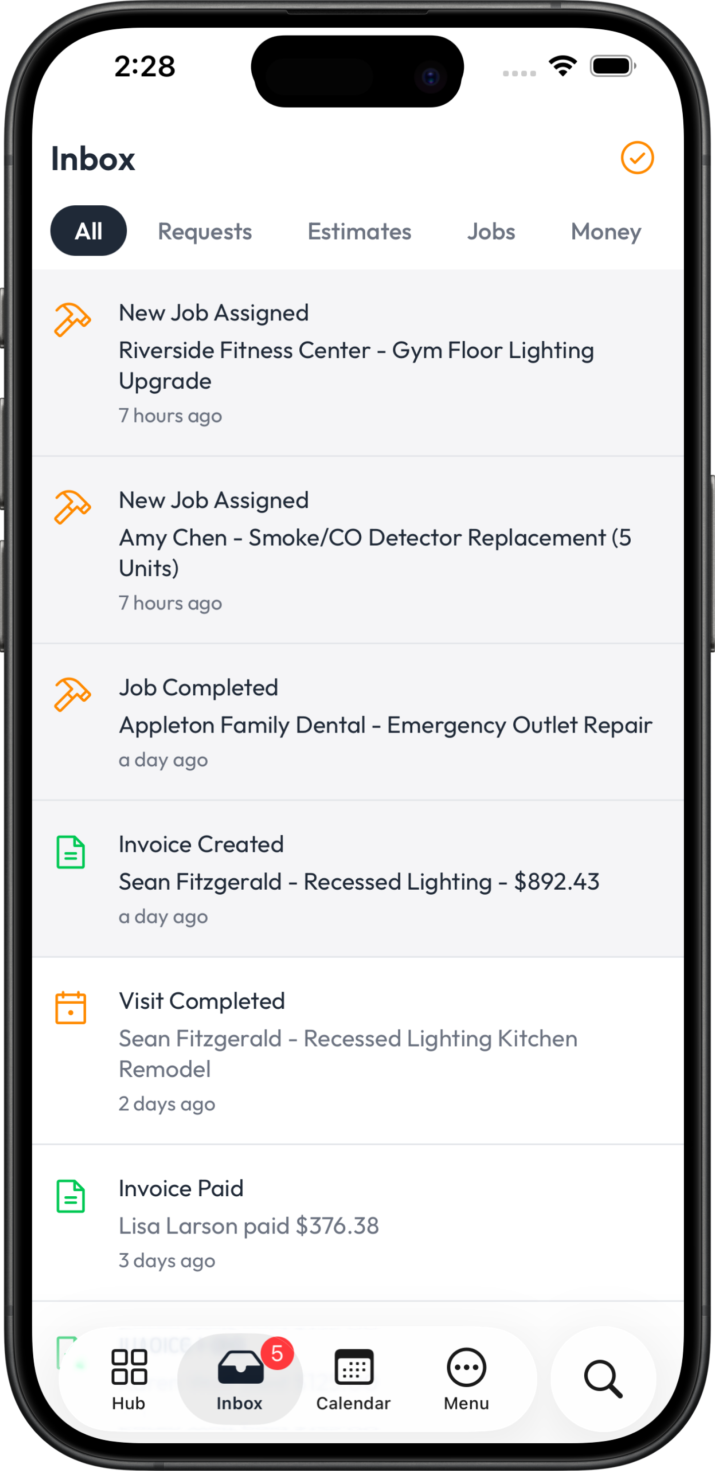 Payment notifications in the Fieldsity app