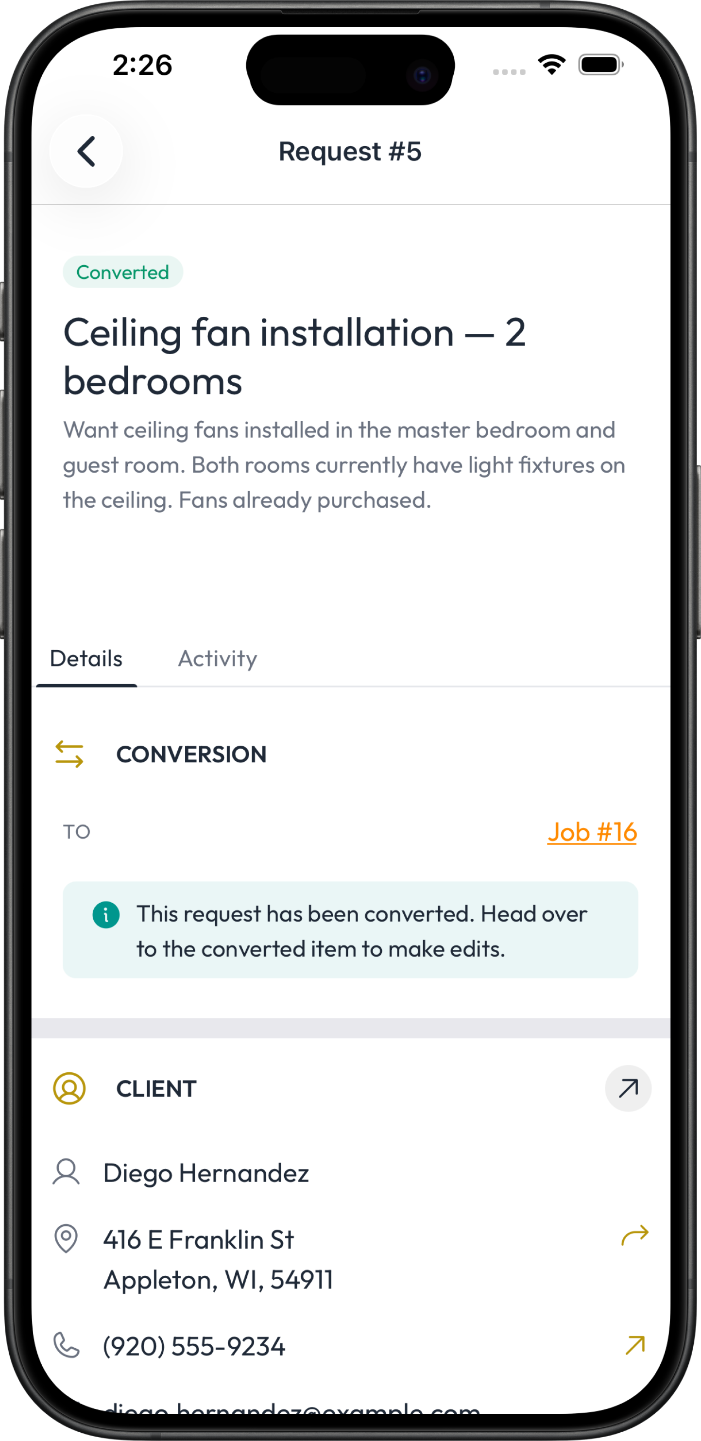 A new request in the Fieldsity app