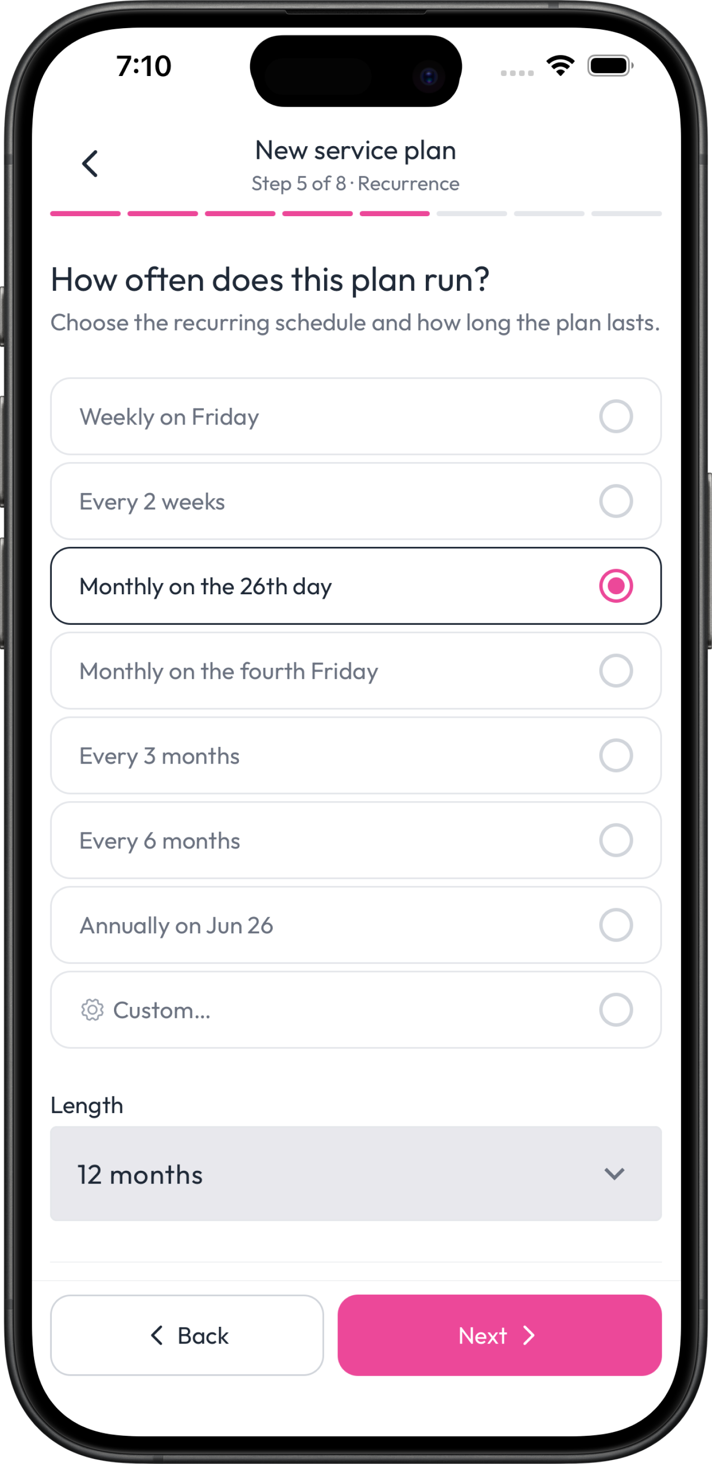 Landscaping service plan with recurring scheduling in the Fieldsity app