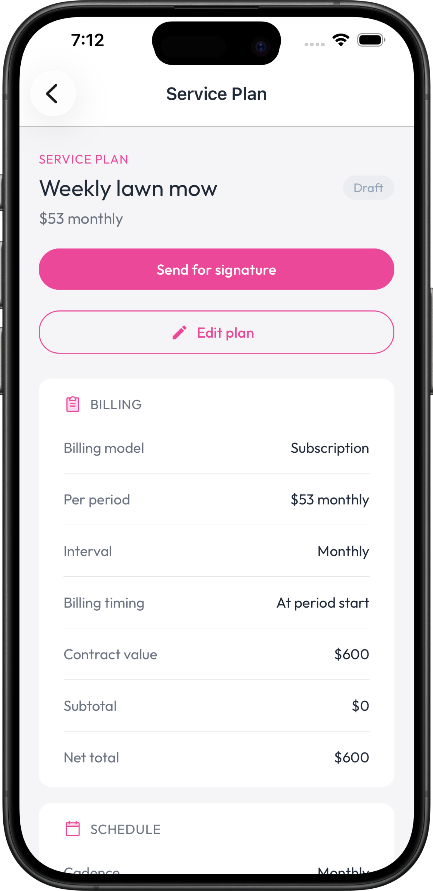 Weekly lawn mow service plan with monthly autopay in the Fieldsity app