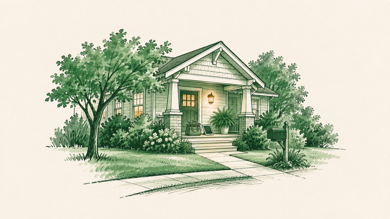 A craftsman porch in the evening, a tool bag and a tablet on the step, the porch light on