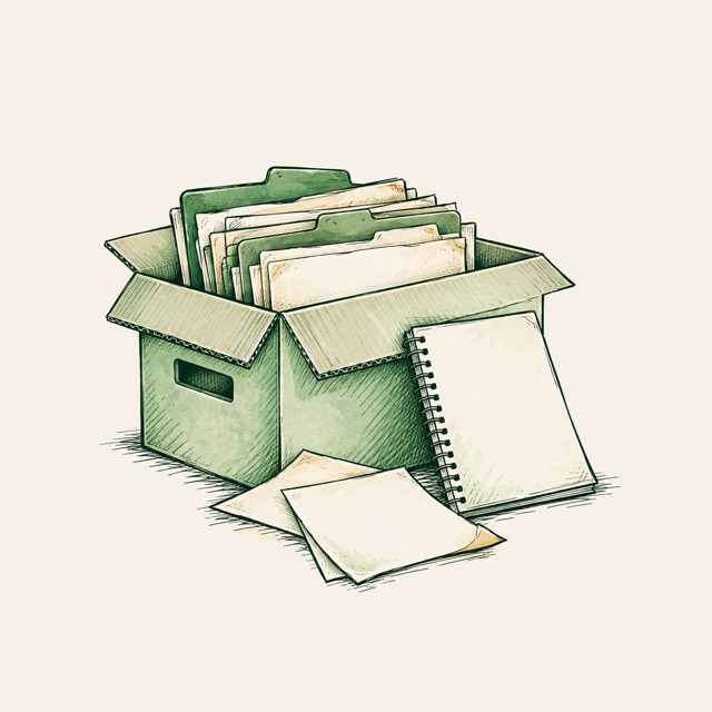 A box of old paper files and a notebook, ready to move