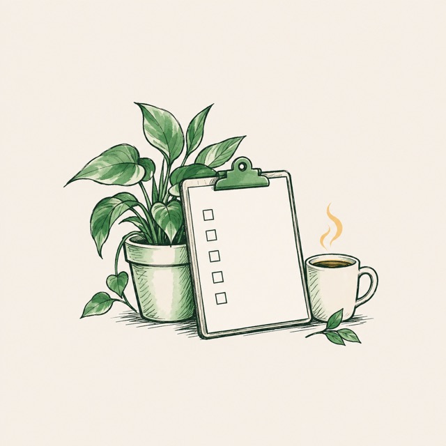 A clean clipboard with an empty checklist beside a potted plant and a cup of coffee
