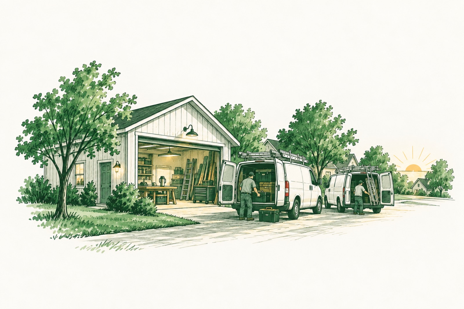 A small shop at seven in the morning: the garage open, two white vans being loaded with ladders