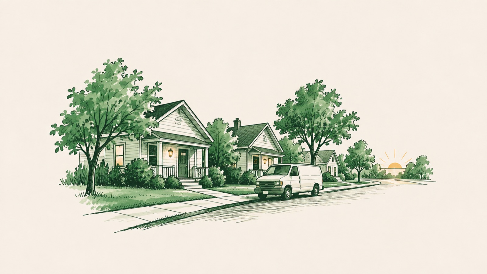 A quiet street at dawn: porch lights still on, a white work van at the curb, the sun coming up at the end of the road